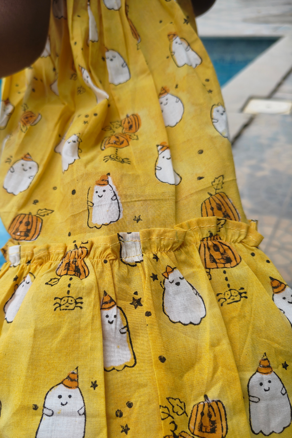 Girls Yellow Hand Block Printed Half Puffed Sleeve Frock Dress in pure cotton breathable fabric