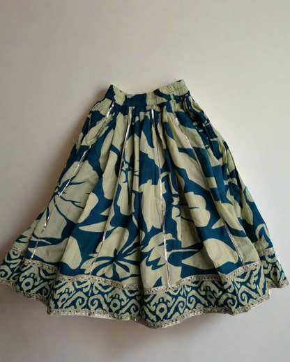 Pure cotton Blue Crop Blouse with lehanga with beautiful laces on neck and hemline of the top and the skirt
