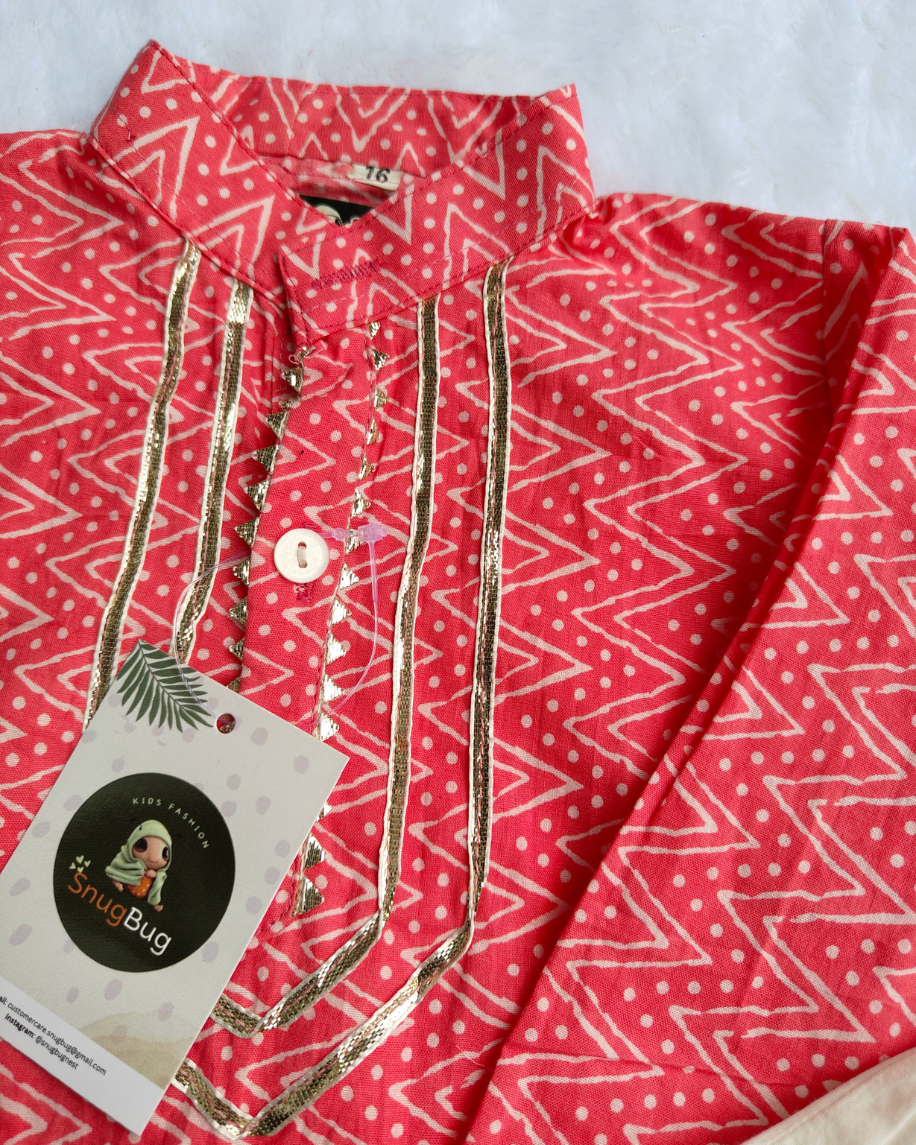 SnugBug Pure cotton pink zig zag full sleeve kurta with white elasticated pajama