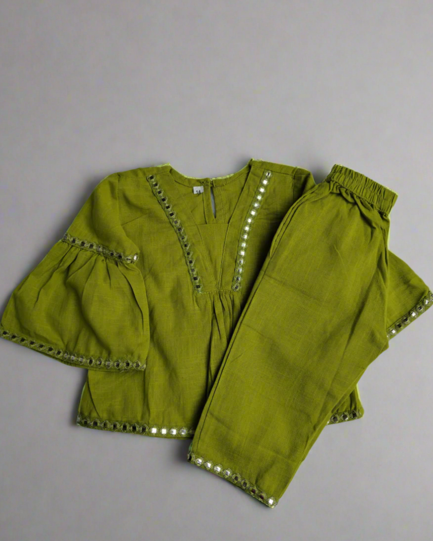 Lime Green color slub cotton peplum styled top with gota patti work with elasticated pant two pockets 