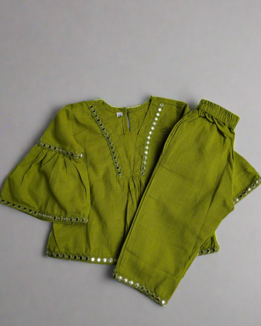 Lime Green color slub cotton peplum styled top with gota patti work with elasticated pant two pockets 