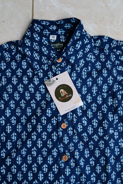 Boys Midnight Mosaic Indigo Half Sleeve Cotton Shirt | SNUGBUG