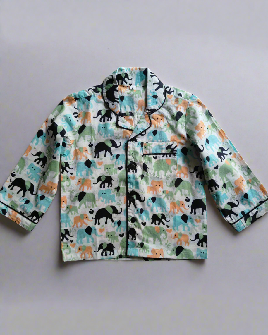 Kids Cotton Elephant Print Full Sleeve Night Suit Set
