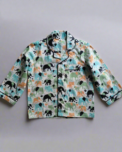 Kids Cotton Elephant Print Full Sleeve Night Suit Set