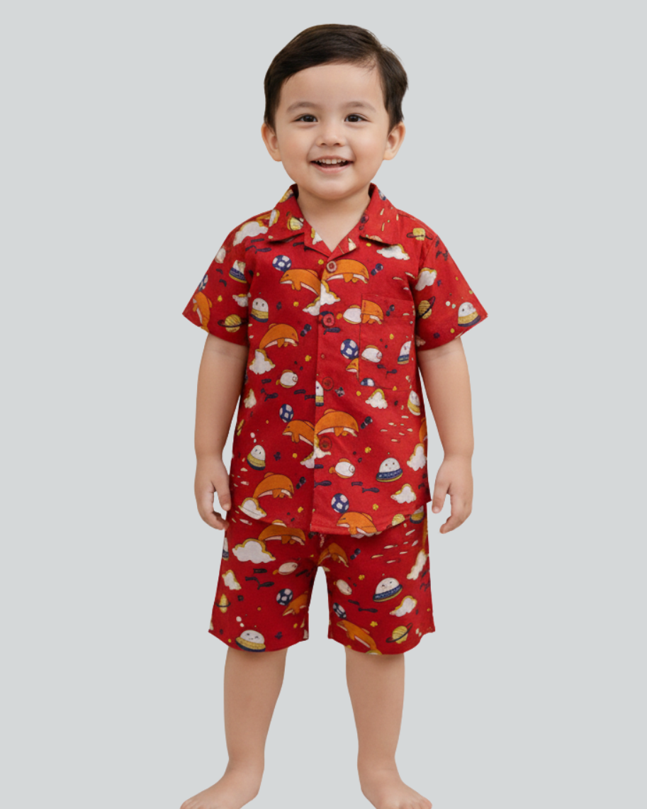 SnugBug Boys Pure cotton handblock printed red co-ord set for Summer