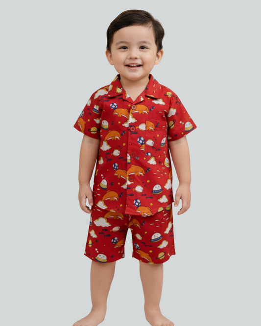 SnugBug Boys Pure cotton handblock printed red co-ord set for Summer