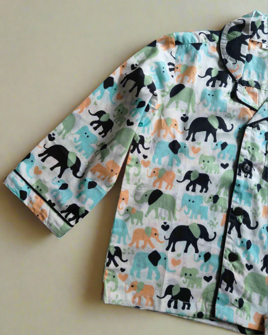 Kids Cotton Elephant Print Full Sleeve Night Suit Set