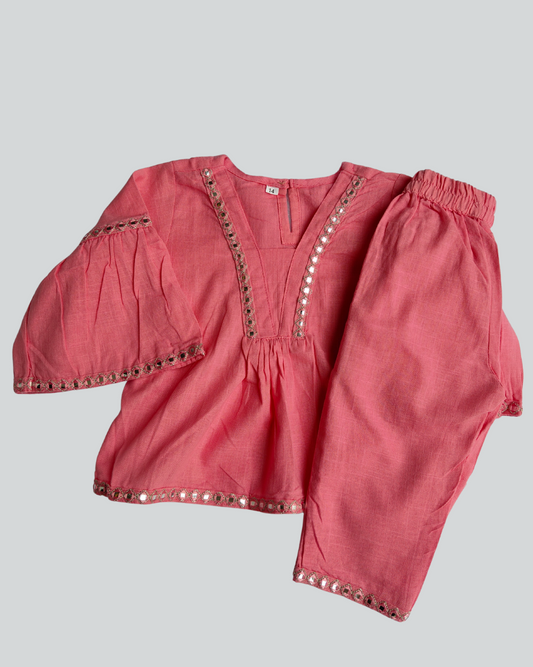 Girls Baby Pink Slub Cotton Peplum style cotton co-ord set traditional wear