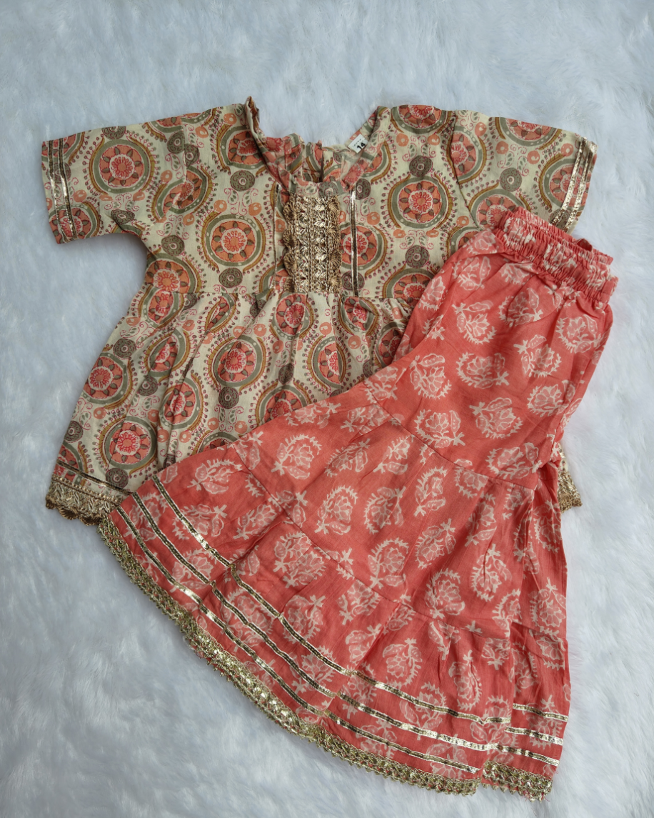 Girls Beige Coral Charm Cotton Kurta Sharara Set- Ethnicwear | SnugBug