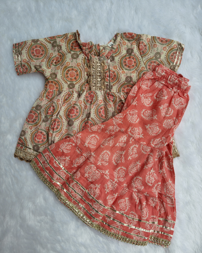 Girls Beige Coral Charm Cotton Kurta Sharara Set- Ethnicwear | SnugBug