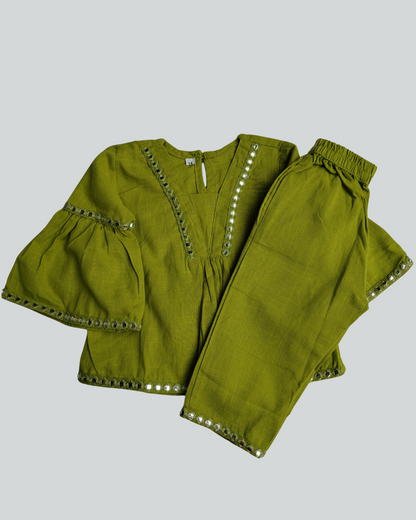 Lime Green color slub cotton peplum styled top with gota patti work with elasticated pant two pockets 