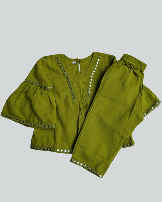 Lime Green color slub cotton peplum styled top with gota patti work with elasticated pant two pockets 
