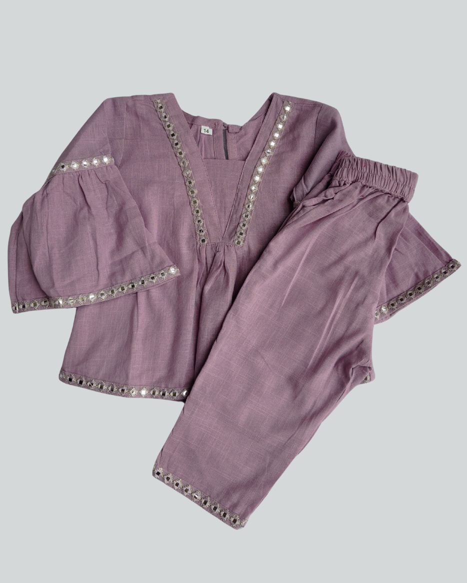 Mauve color slub cotton peplum styled top with gota patti work with elasticated pant two pockets 