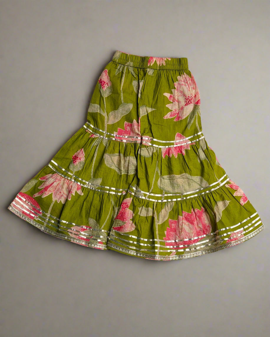 Girls Green Pure Cotton Dori Kurta with wooden button at the back with matching shrara and dupatta