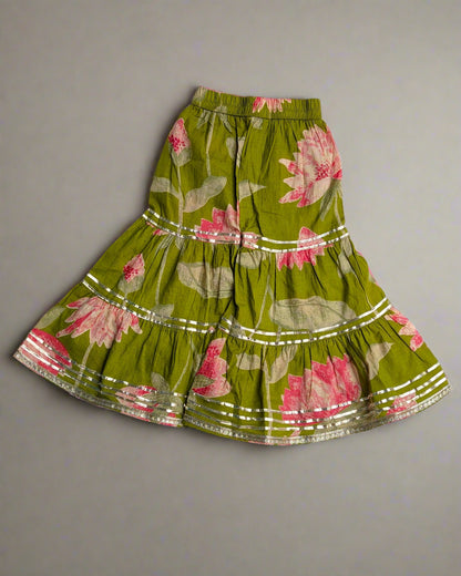 Girls Green Pure Cotton Dori Kurta with wooden button at the back with matching shrara and dupatta