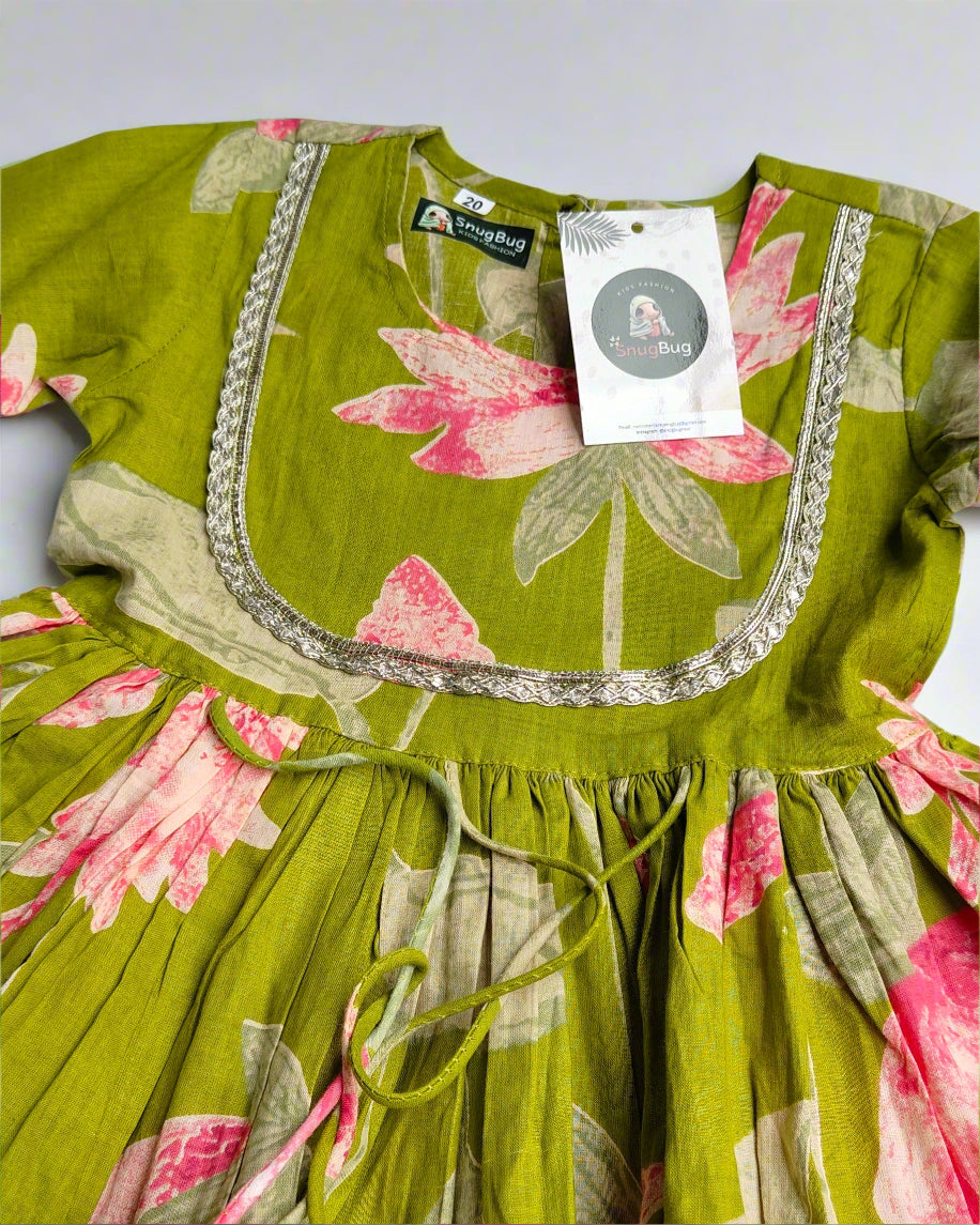 Girls Green Pure Cotton Dori Kurta with wooden button at the back with matching shrara and dupatta