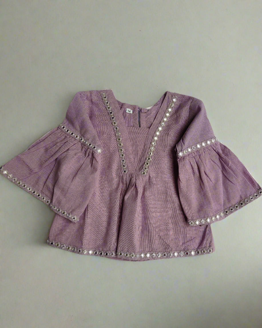 Mauve color slub cotton peplum styled top with gota patti work with elasticated pant two pockets 
