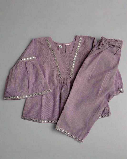 Mauve color slub cotton peplum styled top with gota patti work with elasticated pant two pockets 