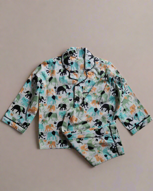 Kids Cotton Elephant Print Full Sleeve Night Suit Set