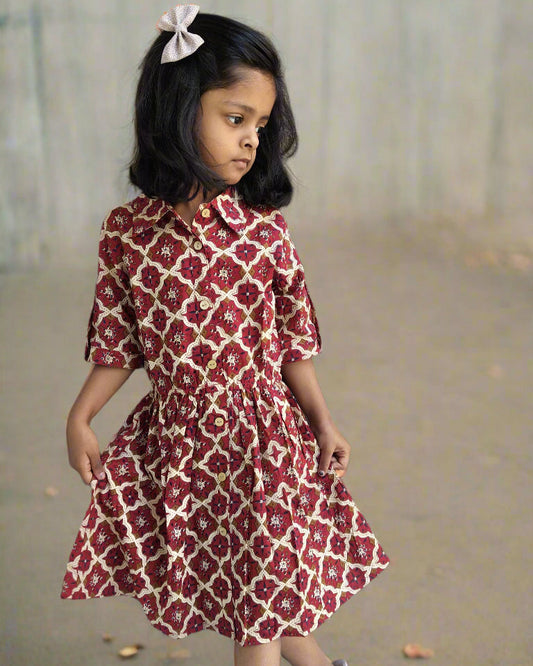 SnugBug Block Printed Collar Summer Dress for Girls