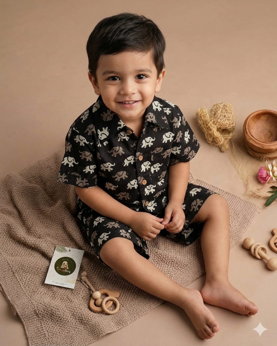 Boys Cotton Co-ord Set | Half Sleeve Elephant Shorts Set | SnugBug