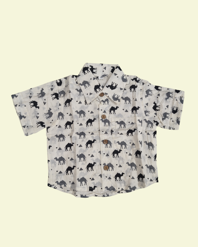 A camel solid printed white boys premium cotton fabric collared shirt 