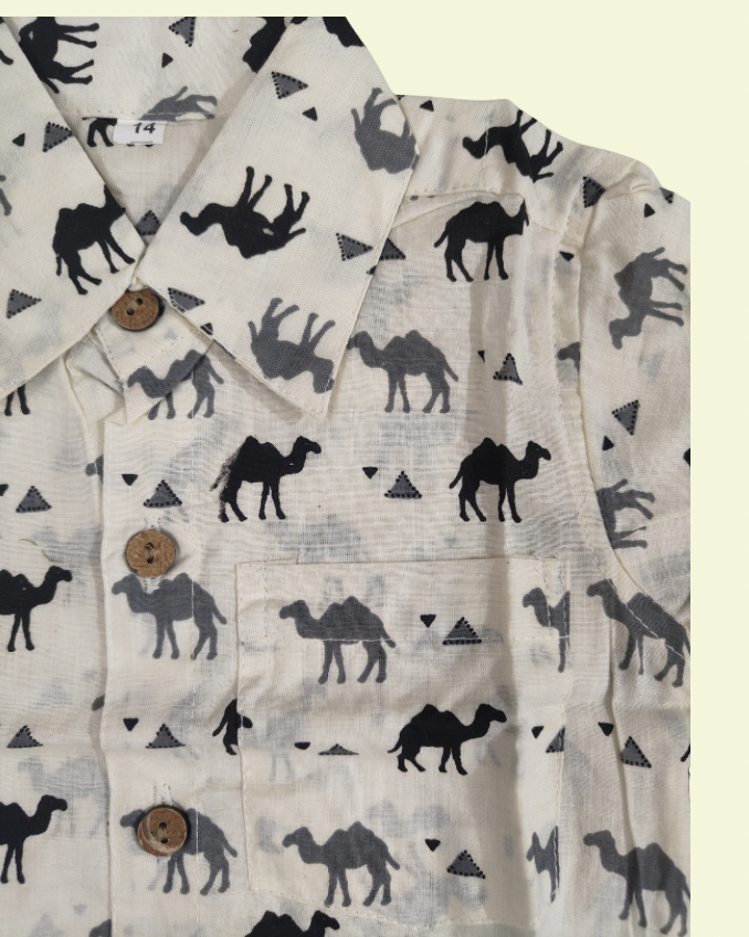 A camel solid printed white boys premium cotton fabric collared shirt 
