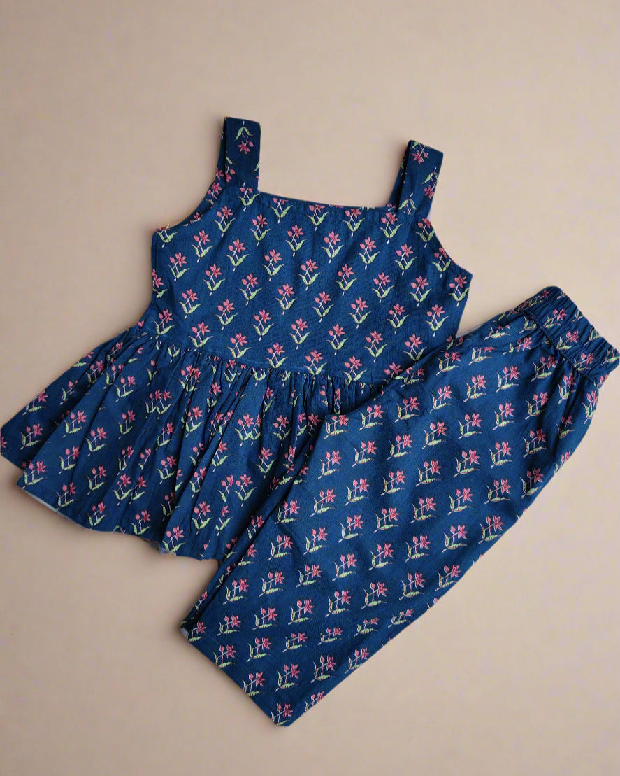 Girls Blue Sleeveless Co-ord Set for Summer in pure cotton fabric
