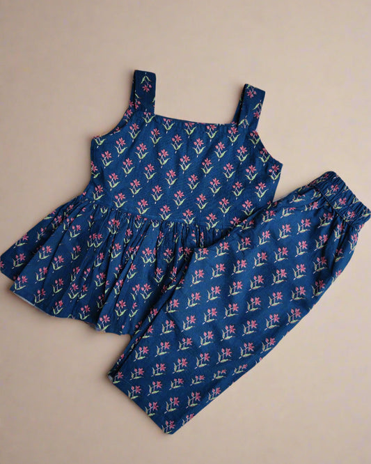 Girls Blue Sleeveless Co-ord Set for Summer in pure cotton fabric