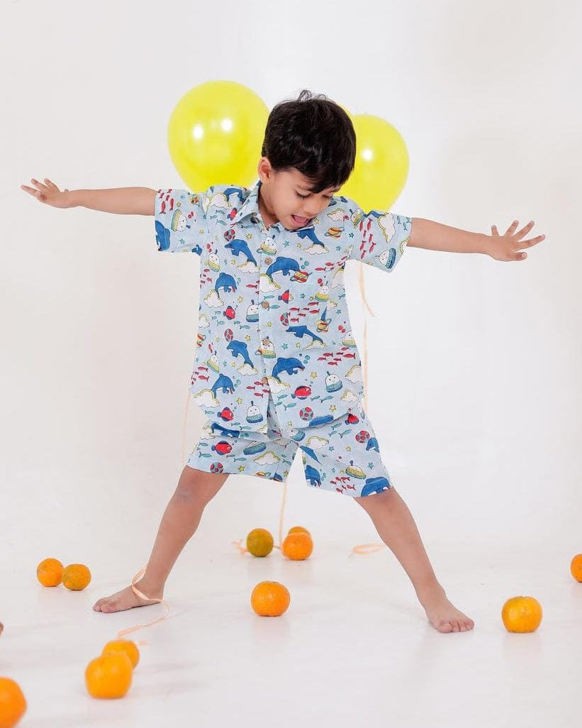 SnugBug Boys Pure cotton handblock printed SkyBlue co-ord set for Summer