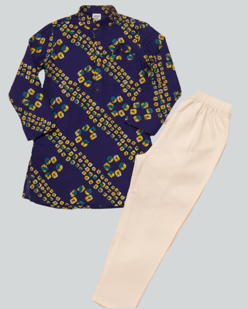 Pure cotton boys purple color bandhani full sleeve kurta with white elasticated pajama