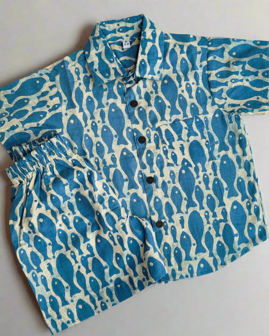 Boys pure cotton FIsh  printed sky blue Summer cotton co-ord set