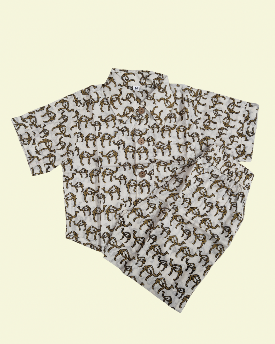 A camel print premium cotton very soft fabric shorts set with white bg