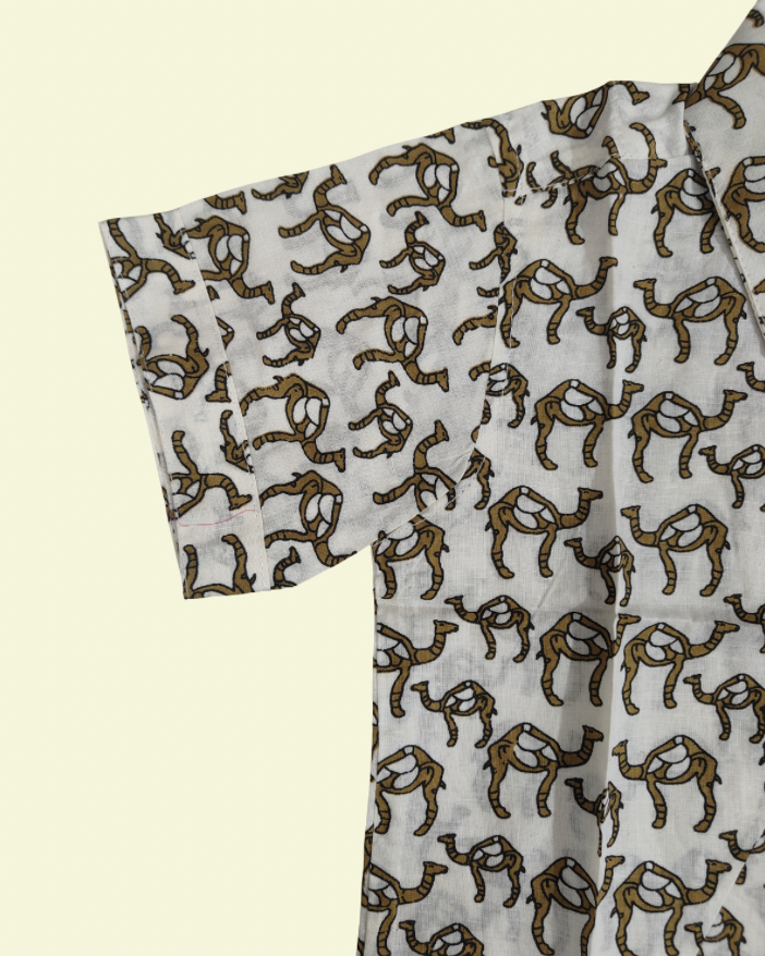 A camel print premium cotton very soft fabric shorts set with white bg