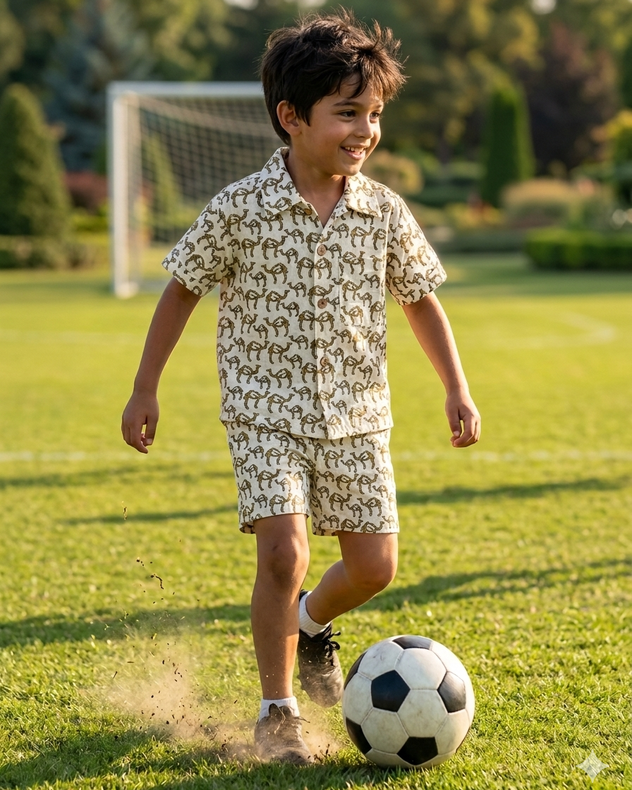 A boy is wearing SnugBug's pure cotton shorts set and playing football