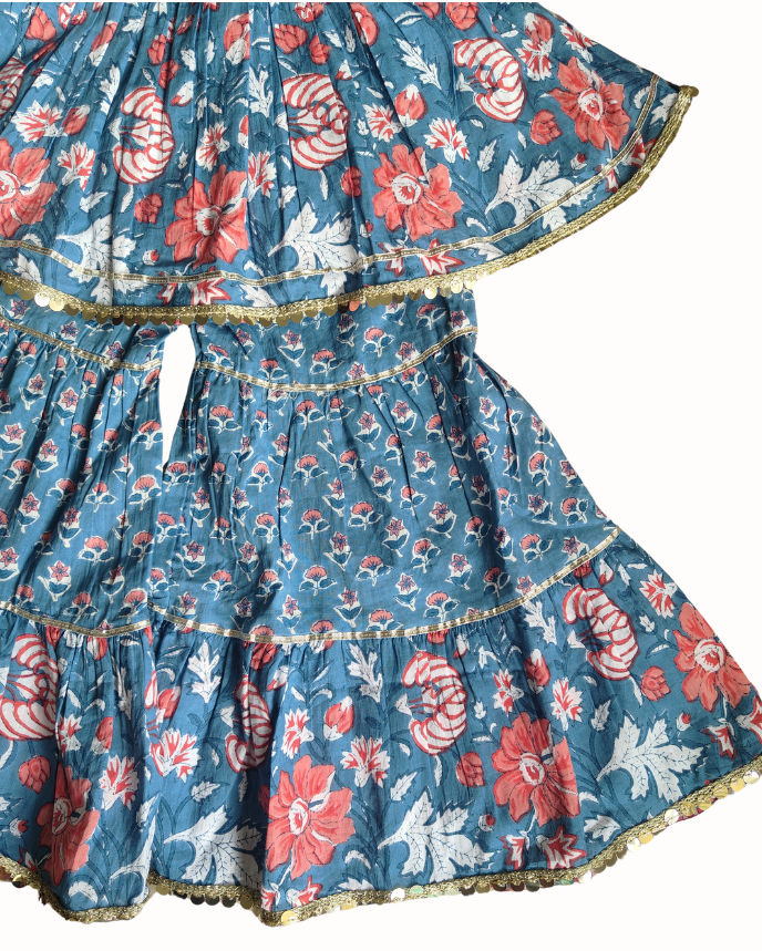 Pure Cotton Girls Peplum Style three fourth sleeve kurta with Sharara Set