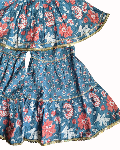 Pure Cotton Girls Peplum Style three fourth sleeve kurta with Sharara Set