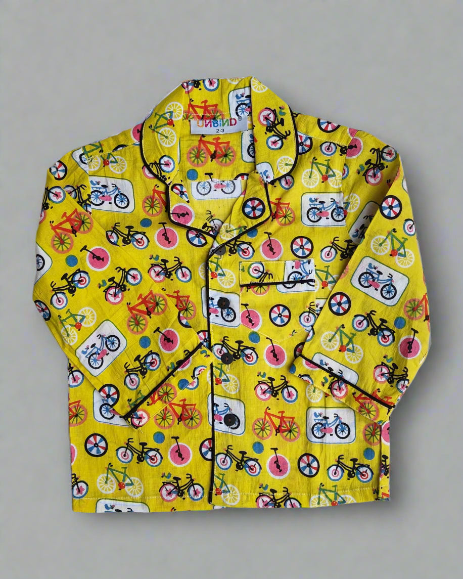 Kids Full Sleeve Yellow Color Cycle Printed Night Suit Set