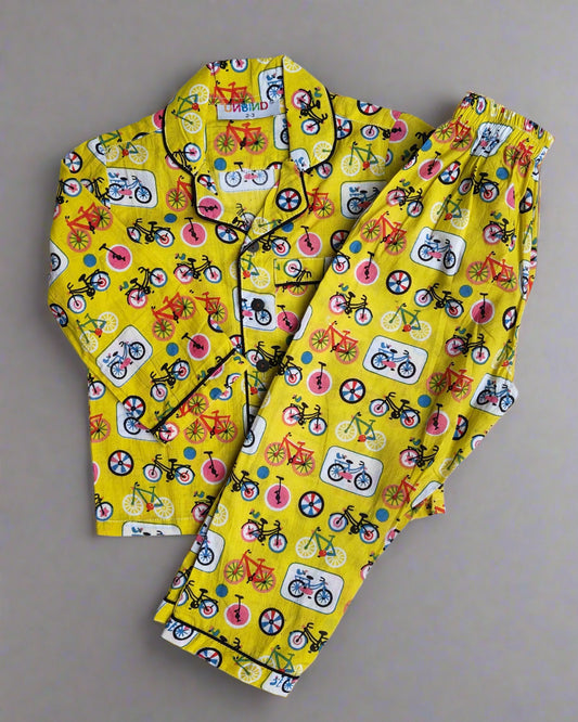 Kids Full Sleeve Yellow Color Cycle Printed Night Suit Set