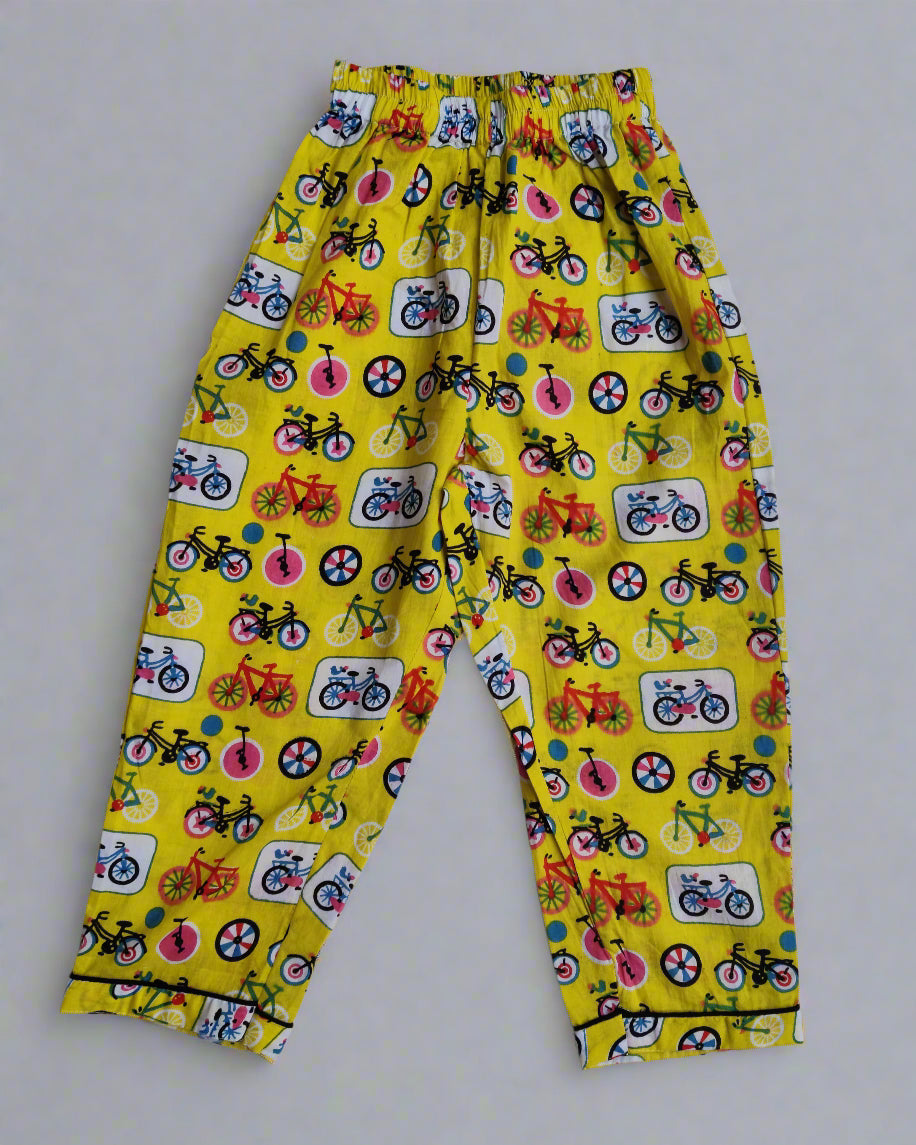 Kids Full Sleeve Yellow Color Cycle Printed Night Suit Set