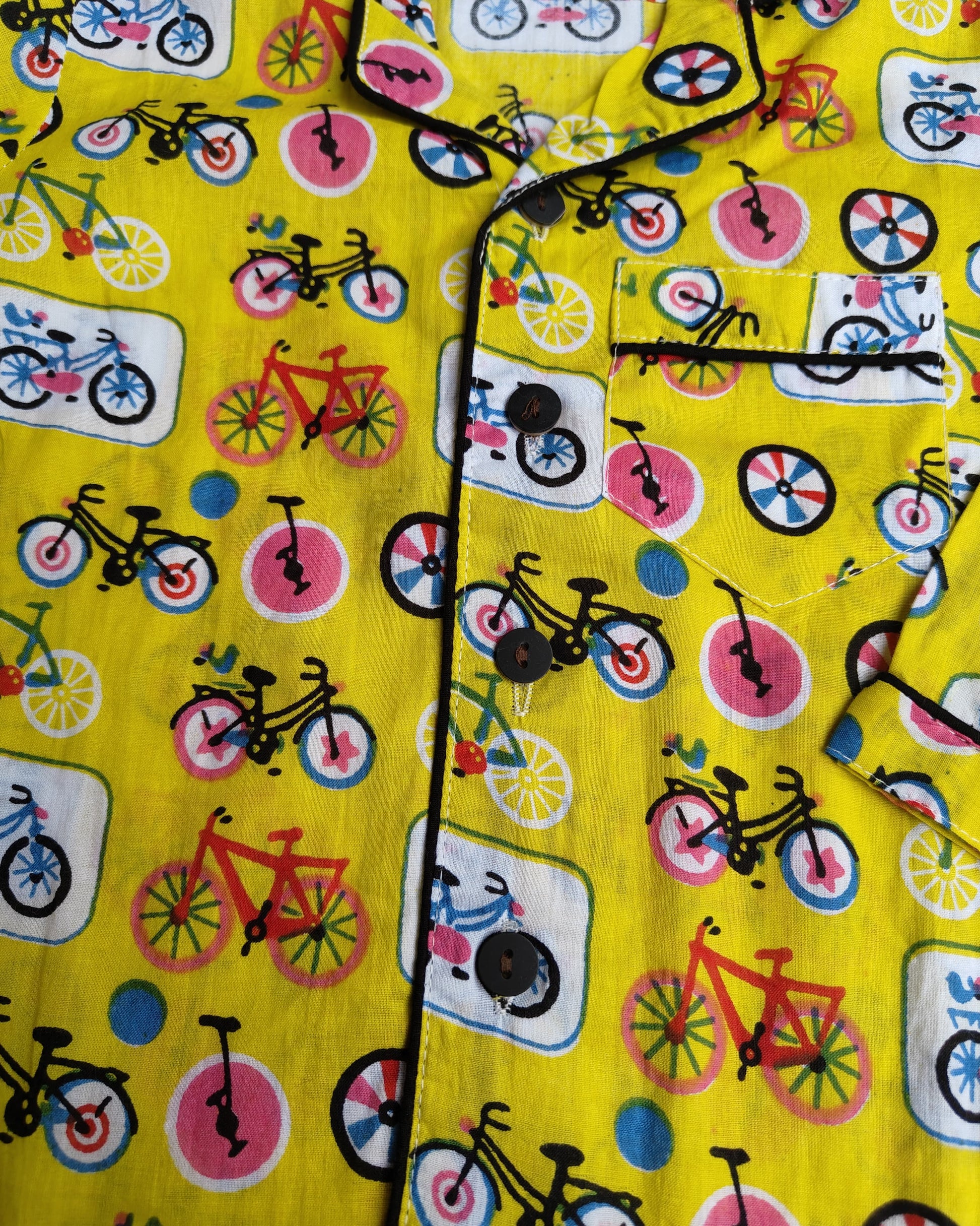 Kids Full Sleeve Yellow Color Cycle Printed Night Suit Set