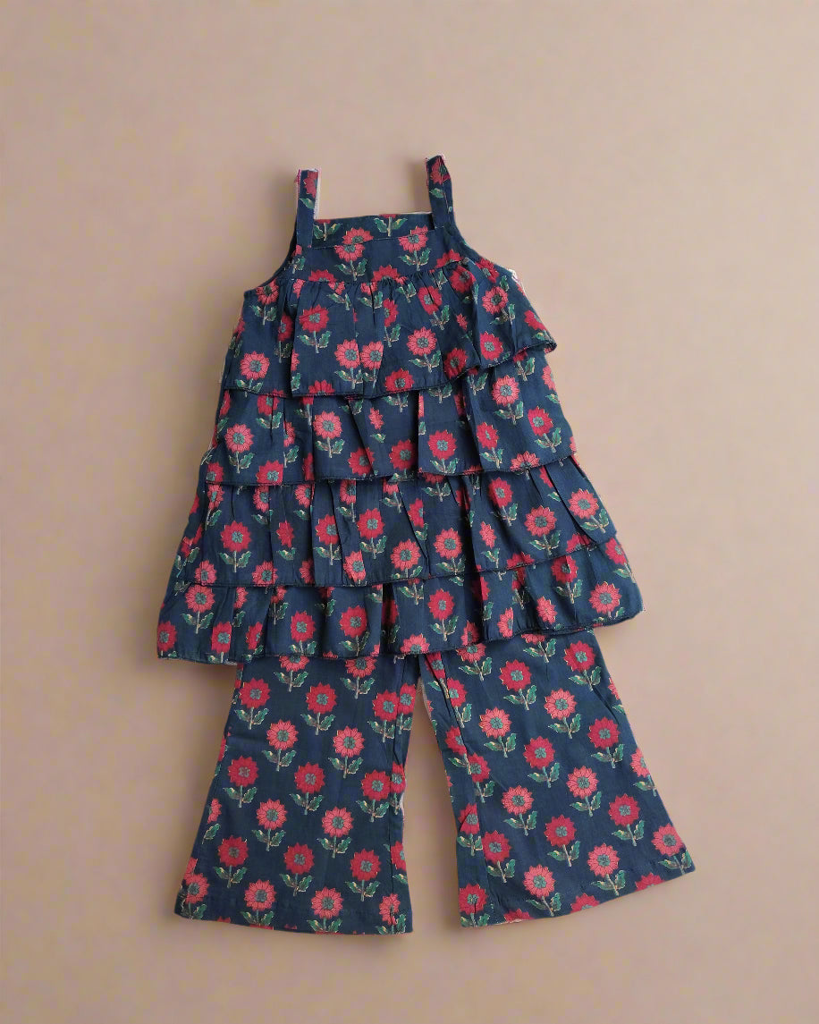 Girls Summer Cotton Sleeveless Ruffle Top and Pant Set