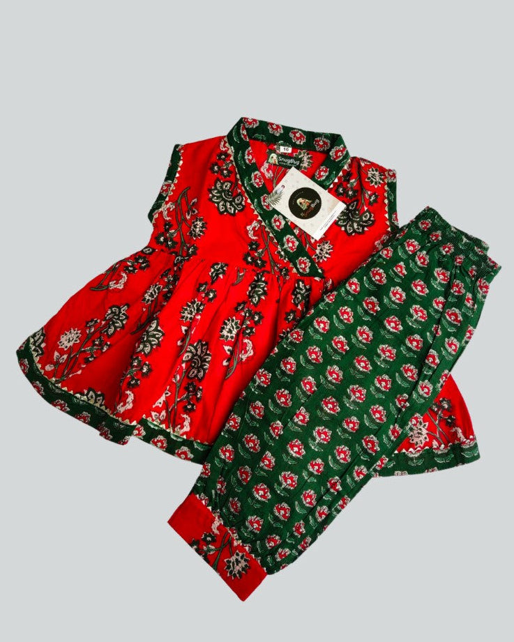 SnugBug Red Sleeveless kurti with green elasticated floral Pant Traditional Wear