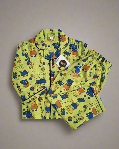 SnugBug Green Peppa Printed Cotton NightSuit for boys and girls