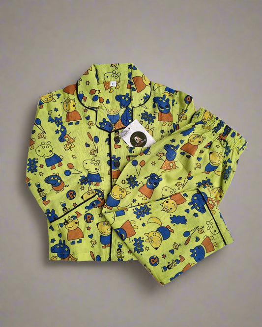 SnugBug Green Peppa Printed Cotton NightSuit for boys and girls