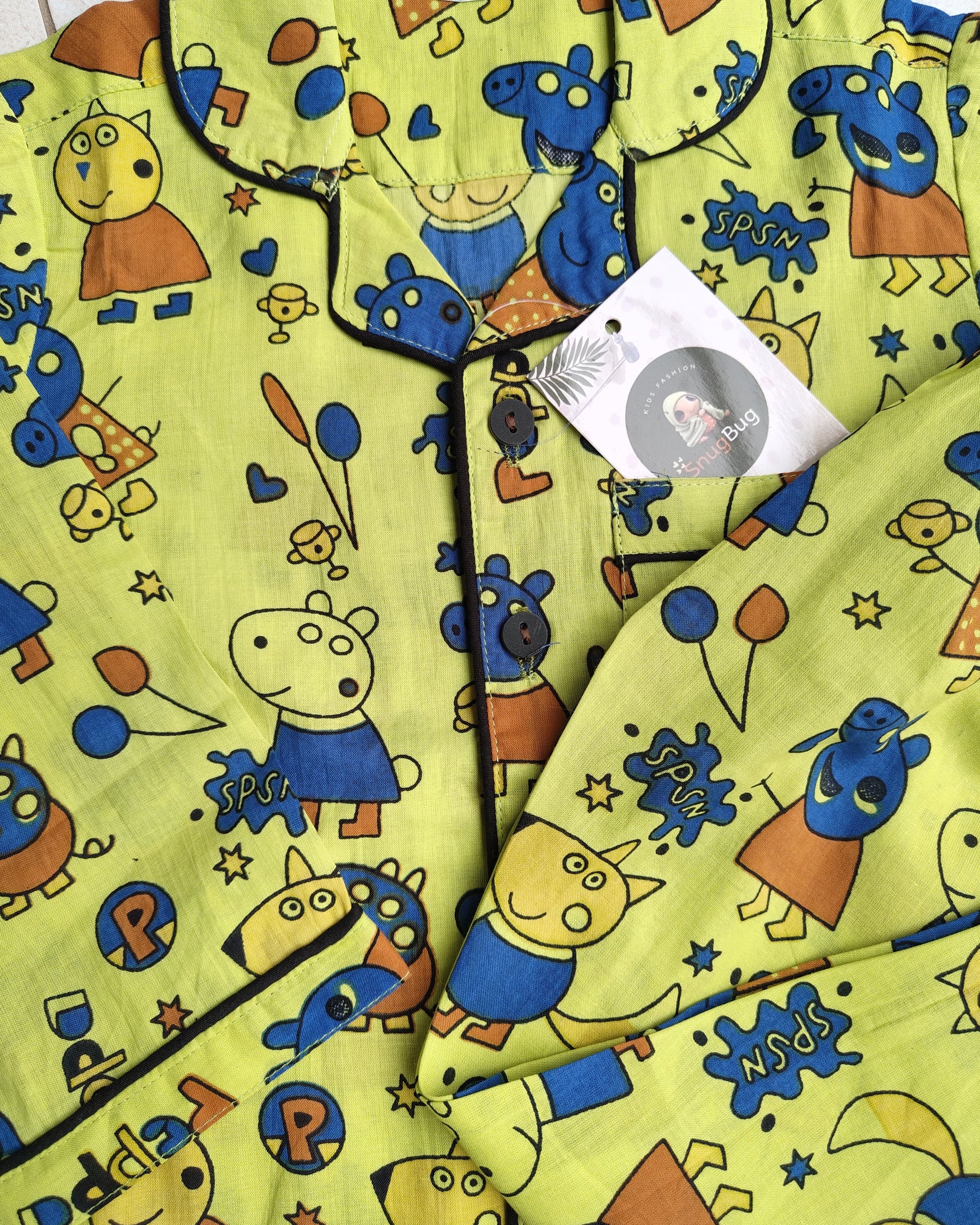 SnugBug Green Peppa Printed Cotton NightSuit for boys and girls