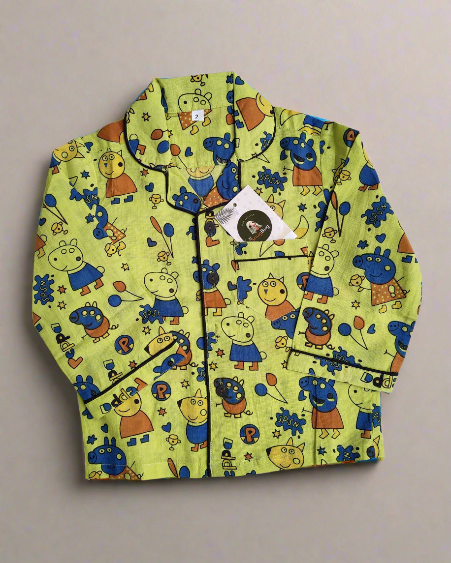 SnugBug Green Peppa Printed Cotton NightSuit for boys and girls