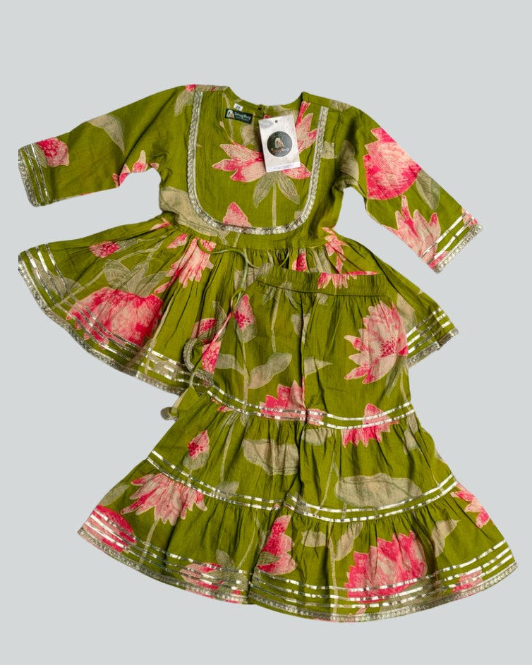 Girls Green Pure Cotton Dori Kurta with wooden button at the back with matching shrara and dupatta