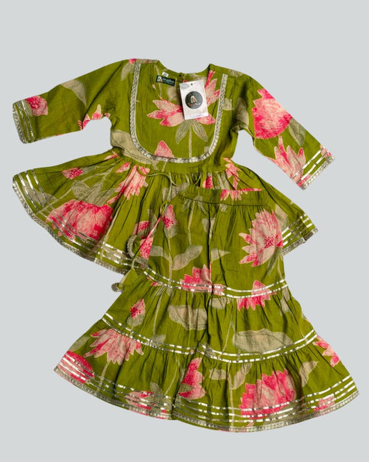 Girls Green Pure Cotton Dori Kurta with wooden button at the back with matching shrara and dupatta