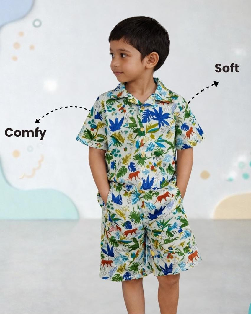Kids colorful dinosaur-themed outfit with text indicating 'Comfy' and 'Soft'.
